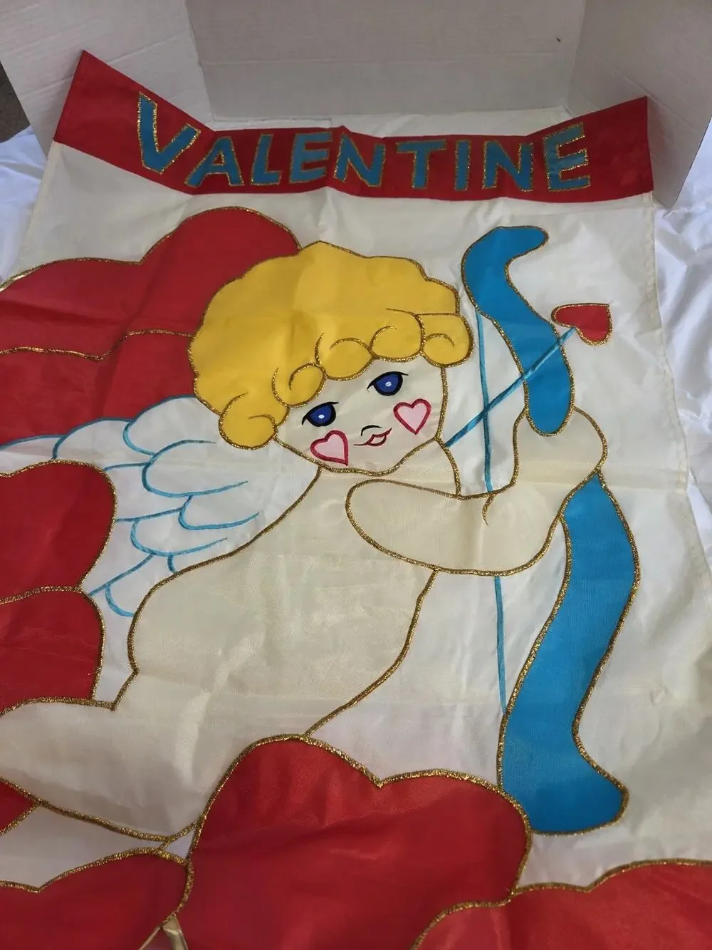 Vtg 90's Valentine Garden Flag Banner Decor Angel Blue Eyes Retro Y2K